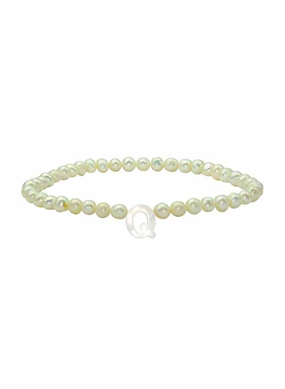 Vera Perla Elastic Stretch Bracelet for Women, with Letter Q Mother of Pearl and Pearl Stone, White