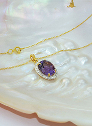 Vera Perla 18K Gold Necklace for Women, with 0.12ct Diamonds and Oval Cut Amethyst Stone Pendant, Gold/Purple