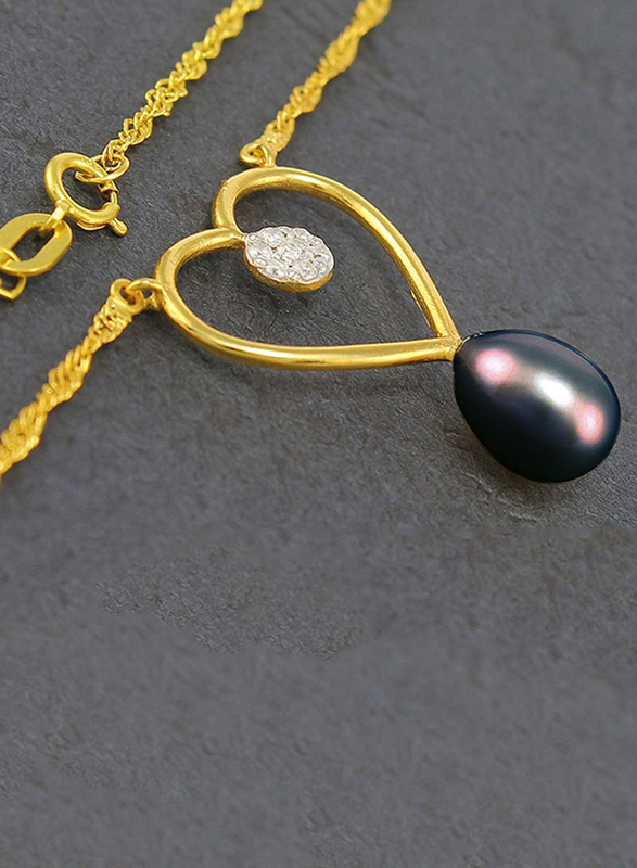 Vera Perla 18k Gold Heart Pendant Necklace for Women, with 0.07ct Genuine Diamonds and Pearl, Black