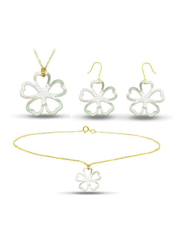 Vera Perla 3-Pieces 18K Gold Jewellery Set for Women, with Necklace, Earrings and Bracelet, with Lucky Clover Shape Mother of Pearl Stone, White