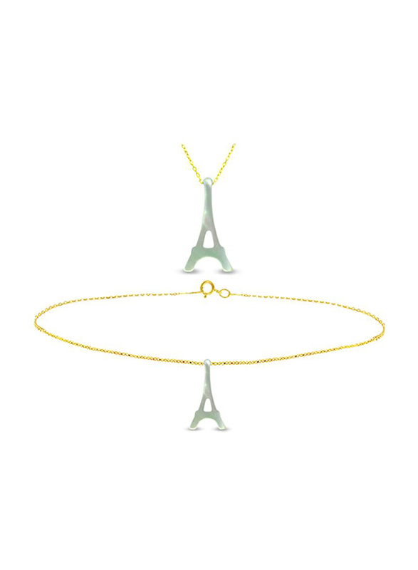 Vera Perla 2-Pieces 18K Gold Pendant Necklace and Bracelet Set for Women, with Eiffel Tower Shape Mother of Pearl Stone, Off White
