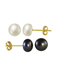 Vera Perla 2-Pieces 18K Yellow Gold Stud Earrings Set for Women, with Pearl Stone, Black/White