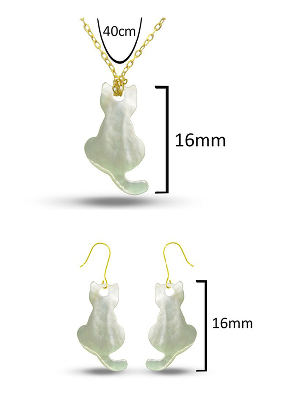 Vera Perla 2-Pieces 18K Gold Jewellery Set for Women, with Necklace and Earrings and Kitty Back Shape Mother of Pearl Stone, White