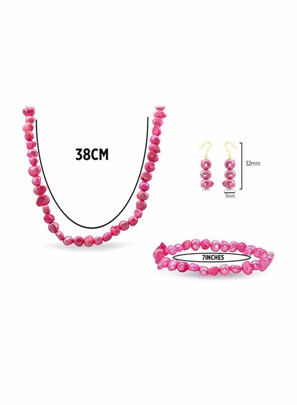 Vera Perla 3-Pieces 18K Gold Jewellery Set for Women, with Necklace, Bracelet and Earrings, with Genuine Pearl Stones, Pink
