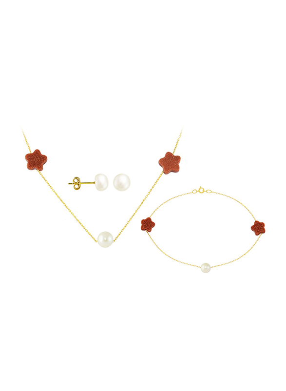 Vera Perla 3-Pieces 18k Gold Earring, Bracelet and Necklace Set for Women, with Necklace, Bracelet and Earrings, with Star Shape Sunstones and Pearl, Gold/White/Red