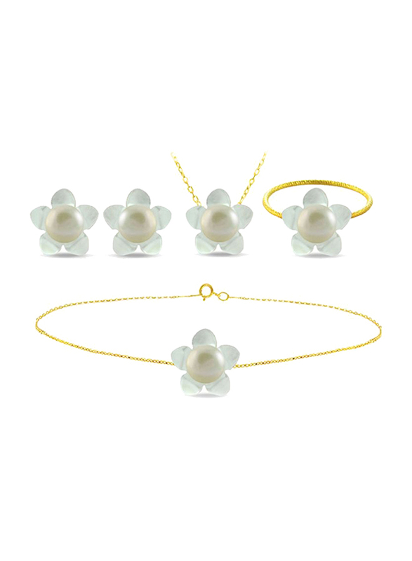 Vera Perla 4-Pieces 18K Solid Yellow Gold Jewellery Set for Women, with Necklace, Bracelet, Earrings and Ring, with 13mm Mother of Pearl Flower Shape, with 7mm Pearl Stones, Gold/Jade/White