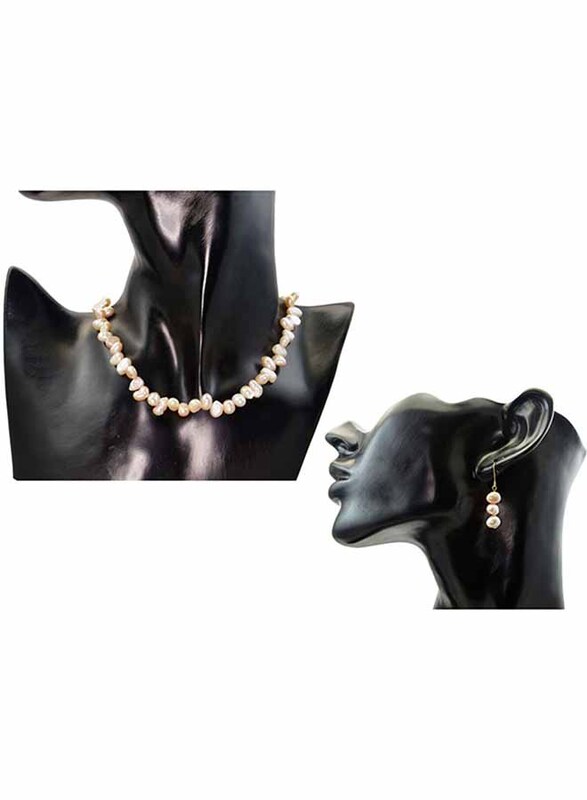 Vera Perla 2-Pieces 18K Gold Strand Jewellery Set for Women, with Necklace and Earrings, with Pearl Stones, Rose Gold