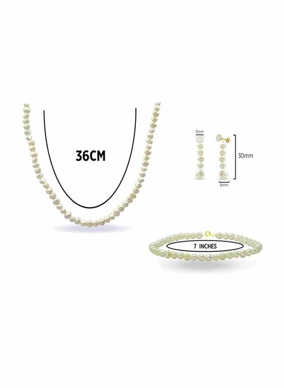 Vera Perla 3-Pieces 10K Gold Jewellery Set for Women, with 36cm Necklace, Bracelet and Earrings, with Pearl Stones, Off White