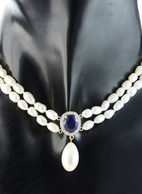 Vera Perla 18K Gold Strand Necklace for Women, with 0.12ct Diamonds, Oval Sapphire and Pearl Stones, White/Blue