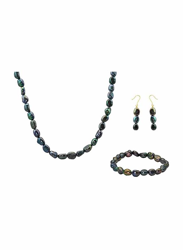 Vera Perla 3-Pieces 10K Gold Jewellery Set for Women, with Necklace, Bracelet and Earrings, with Pearl Stones, Jade