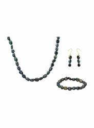فيرا بيرلا طقم مجوهرات 3 قطع من الذهب عيار 10 قيراط للنساء من قلادة، سوار وأقراط، مع حجر اللؤلؤ، أخضر