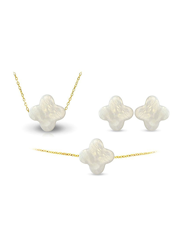 Vera Perla 3-Pieces 18K Gold Jewellery Set for Women, with Necklace, Earrings and Bracelet, with Plum Flower Shape Mother of Pearl Stone, White/Gold