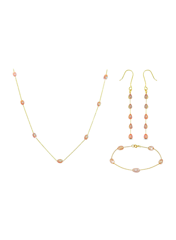 Vera Perla 3-Piece 18K Gold Jewellery Set for Women, with Pearls Stone, Necklace, Bracelet and Earrings, Gold/Pink