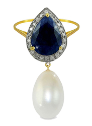 Vera Perla 18K Gold Dangle Ring for Women, with 0.12 ct Diamond, Royal Indian Sapphire and Pearl Stone, Blue/White/Gold, US 5.5
