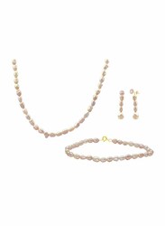 Vera Perla 3-Pieces 18K Gold Jewellery Set for Women, with Necklace, Bracelet and Stud Earrings, with Pearl Stones, Off White