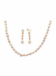 Vera Perla 2-Pieces 18K Gold Jewellery Set for Women, with Necklace and Earrings, with Pearl Stones, Light Pink