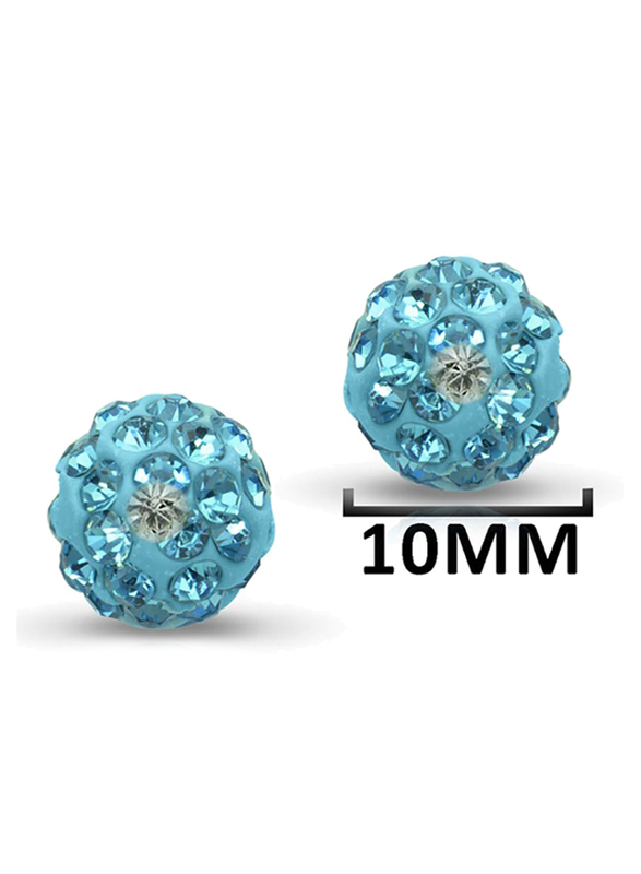 Vera Perla 10K Solid Gold Stud Earrings for Women, with 10 mm Crystal Ball, Gold/Sky Blue
