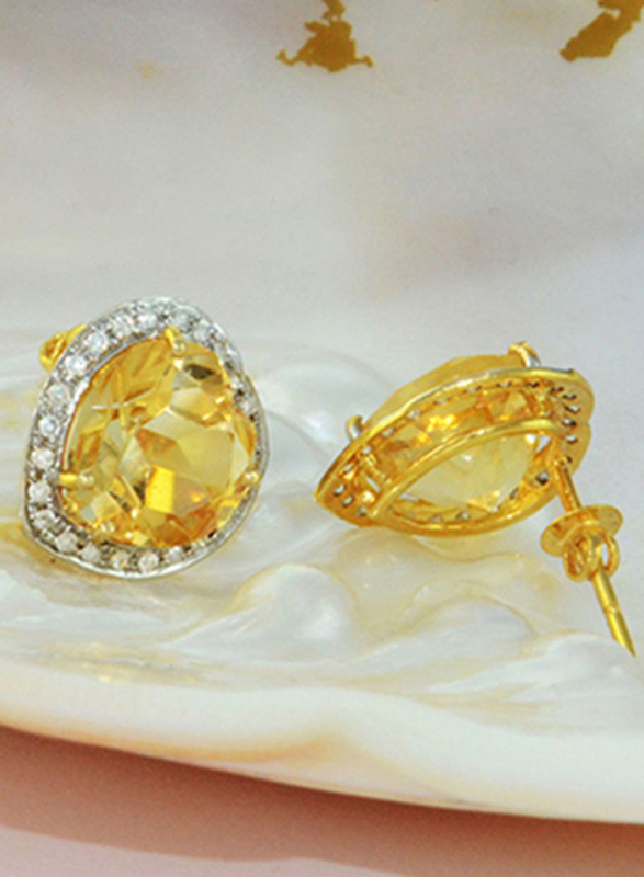 Vera Perla 18K Gold Stud Earrings for Women, with 0.28 ct Genuine Diamonds and Heart Cut Citrine Stone, Yellow
