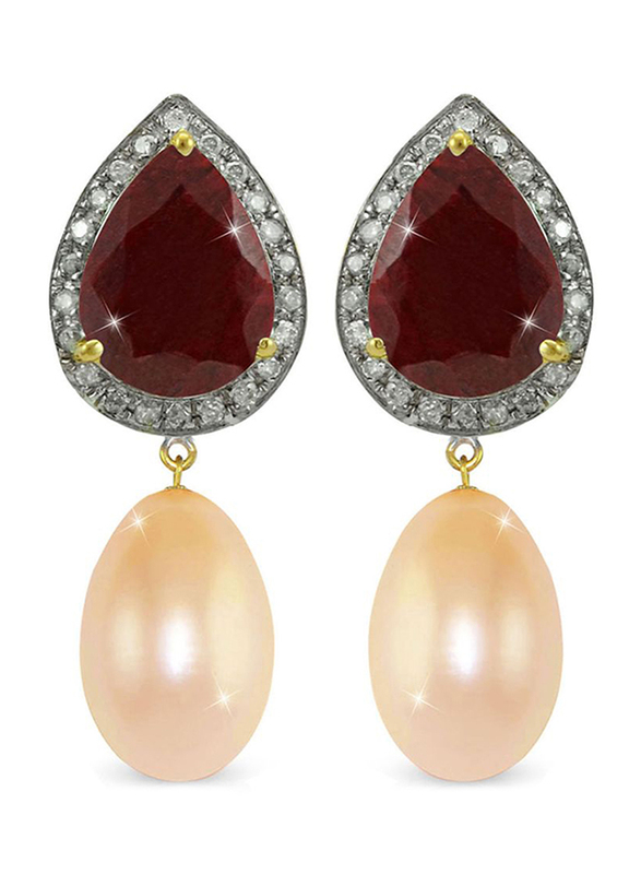 Vera Perla 18K Gold Pearl Stone Dangle Earring for Women, with 0.24 ct Genuine Diamond & Ruby Stone, Red