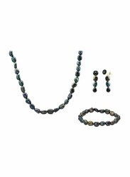 Vera Perla 3-Pieces 18K Gold Jewellery Set for Women, with Necklace, Bracelet and Earrings, with Genuine Pearl Stones, Blue