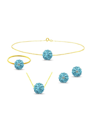 Vera Perla 4-Pieces 10K Solid Gold Earring, Bracelet, Ring and Necklace Set for Women, with 10 mm Crystal Ball, Blue/Gold