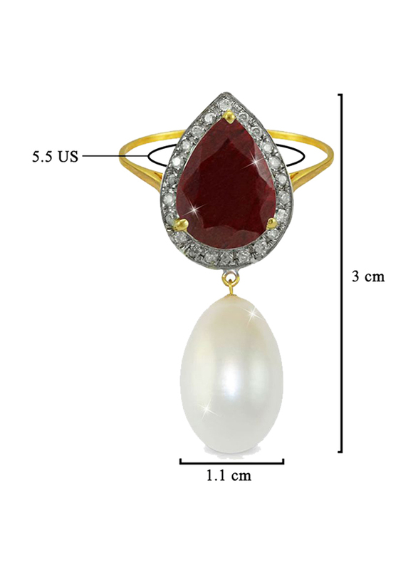Vera Perla 18K Gold Dangle Ring for Women, with 0.12 ct Diamond, Royal Indian Sapphire and Pearl Stone, Red/White/Gold, US 5.5