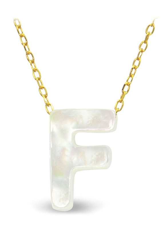 Vera Perla 18K Gold Pendant Necklace for Women with F Letter Shape Mother of Pearl Pendant, White/Gold