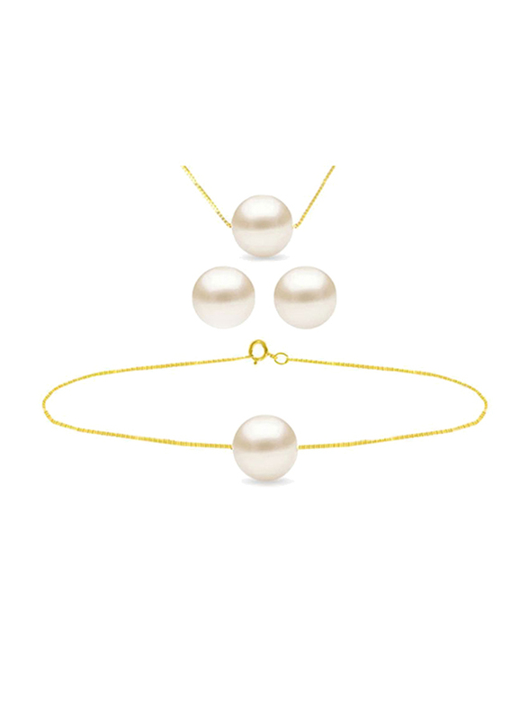 Vera Perla 3-Pieces 18K Solid Yellow Gold Jewellery Set for Women, with Necklace, Bracelet and Earrings, with 8mm Pearl Stones, Gold/Off-White