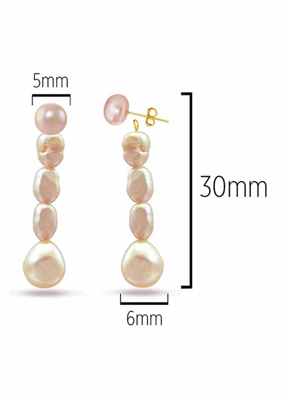 Vera Perla 10K Gold Stud Dangle Pearls Earrings for Women, with Pearl Stones, Pink