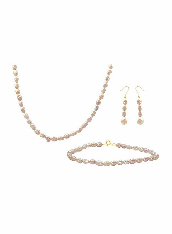 

Vera Perla 3-Pieces 10K Gold Strand Jewellery Set for Women, with 36cm Necklace, Bracelet and Earrings, with Pearl Stones, Rose Gold