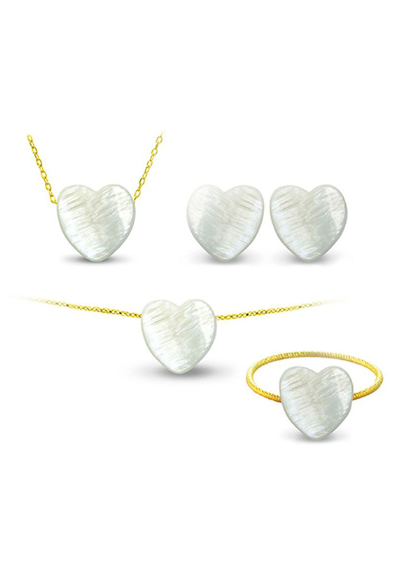 Vera Perla 4-Pieces 10K Gold Jewellery Set for Women, with Necklace, Earrings, Bracelet and Ring, with Heart Shape Mother of Pearl Stone, White/Gold