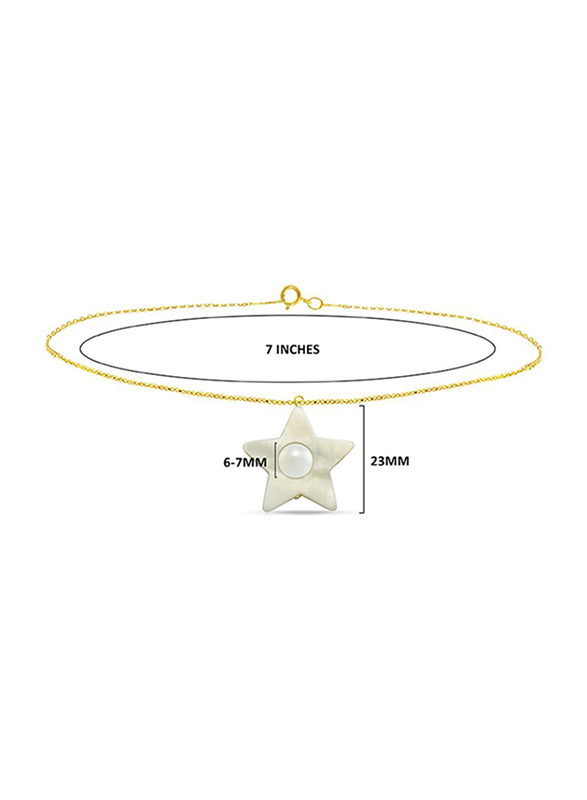 Vera Perla 18K Solid Yellow Gold Chain Bracelet for Women, with Star Shape Mother of Pearl and 6-7mm Freshwater Pearl Stone, Gold/White