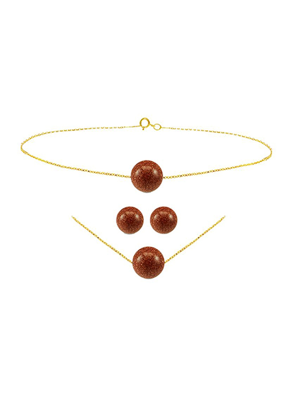 Vera Perla 3-Pieces 10K Gold Jewellery Set for Women, with Necklace, Bracelet & Earring, with Sunstone, Brown/Gold