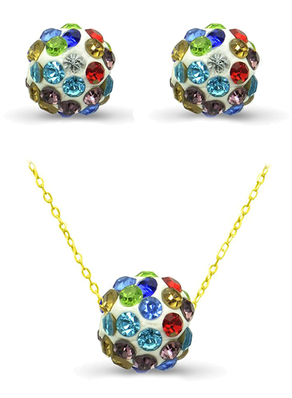 Vera Perla 2-Pieces 10K Solid Gold Jewellery Set for Women, with Necklace and Earrings, with 10 mm Crystal Ball, Gold/Blue/Red/Green