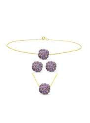 Vera Perla 3-Pieces 10K Solid Jewellery Set for Women, with Necklace, Bracelet and Earrings, with 10 mm Crystal Ball, Light Gold/Purple