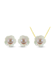 Vera Perla 2-Pieces 18K Solid Yellow Gold Jewellery Set for Women, with Necklace and Earrings, with Mother of Pearl Shell and 4mm Pearl Stones, White/Purple