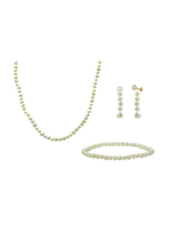 Vera Perla 3-Pieces 10K Gold Jewellery Set for Women, with 36cm Necklace, Bracelet and Earrings, with Pearl Stones, White