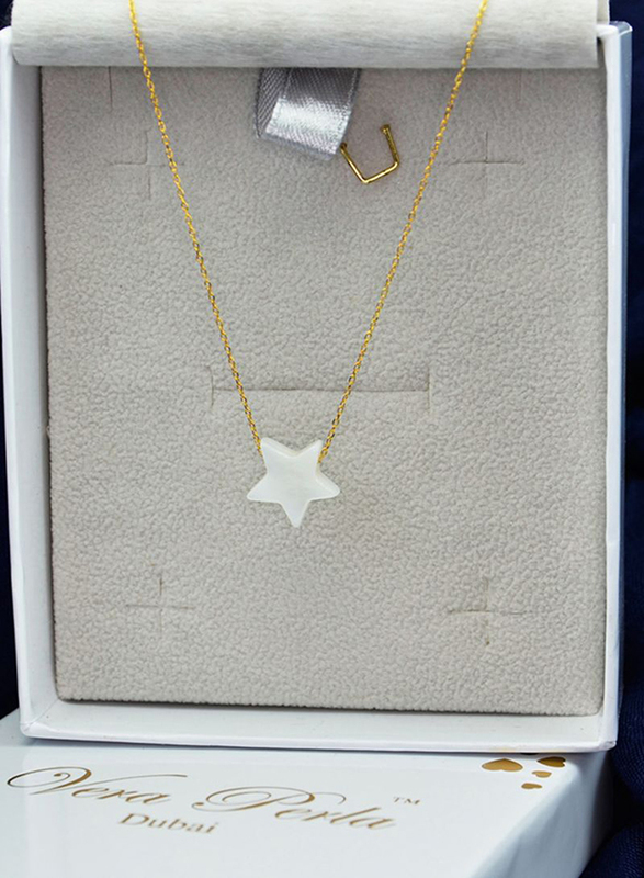 Vera Perla 10K Gold Pendant Necklace for Women, with Star Shape Mother of Pearl Stone, White/Gold