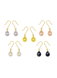 Vera Perla 5-Pieces 18K Gold Stud Earrings Set for Women, with 7mm Pearl Stone, Black/White/Yellow/Purple/Pink