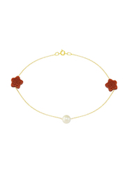 Vera Perla 10k Gold Chain Bracelet for Women, with Star Sunstone and Pearl, Gold/Red/White