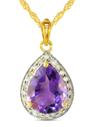 Vera Perla 18K Gold Necklace for Women, with 0.12ct Diamonds and Drop Cut Amethyst Stone Pendant, Gold/Purple