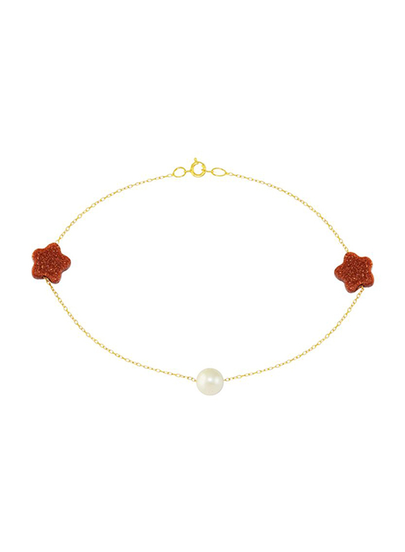 Vera Perla 18K Gold Chain Bracelet for Women, with Star Shape Sunstones and Pearl, Gold/White/Red