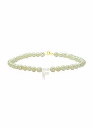 Vera Perla 10K Gold Strand Beaded Bracelet for Women, with Letter F Mother of Pearl and Pearl Stone, White