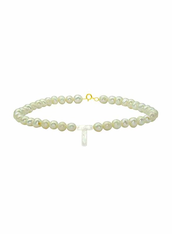 Vera Perla 18K Gold Strand Beaded Bracelet for Women, with Letter T Mother of Pearl and Pearl Stone, White