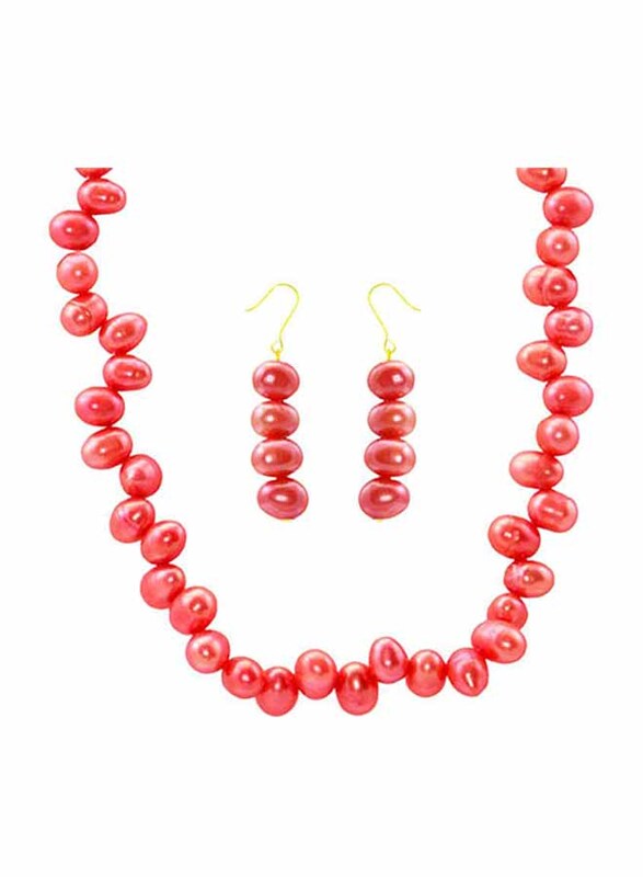 Vera Perla 2-Pieces 10K Gold Strand Jewellery Set for Women, with Necklace and Earrings, with Pearl Stones, Red