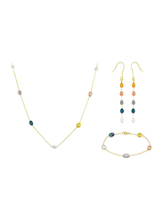 Vera Perla 3-Piece 18K Gold Jewellery Set for Women, with Pearls Stone, Necklace, Bracelet and Earrings, Multicolour