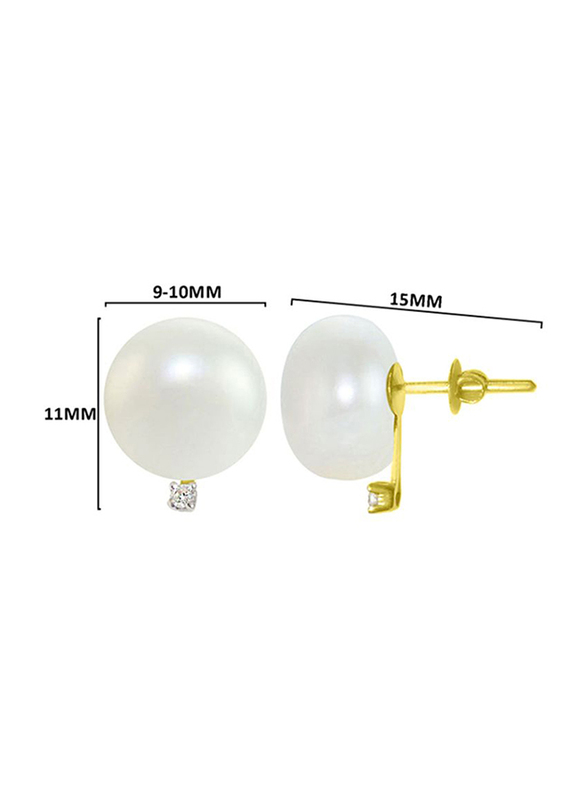 Vera Perla 18K Gold Stud Earrings for Women, with 0.04 ct Diamond and 9-10mm Pearl Stone, White/Gold