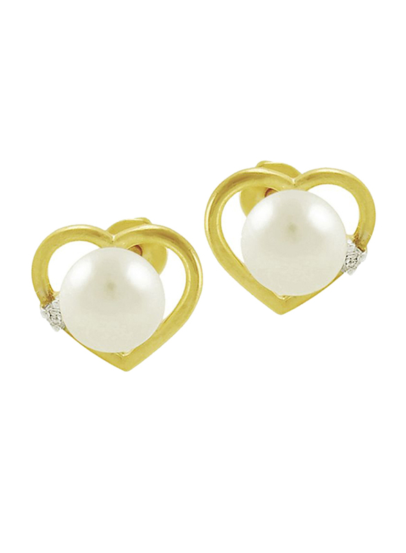 Vera Perla 18K Gold Stud Earrings for Women, with Heart Shape 0.02 ct Diamonds Pearls Stone, White/Gold