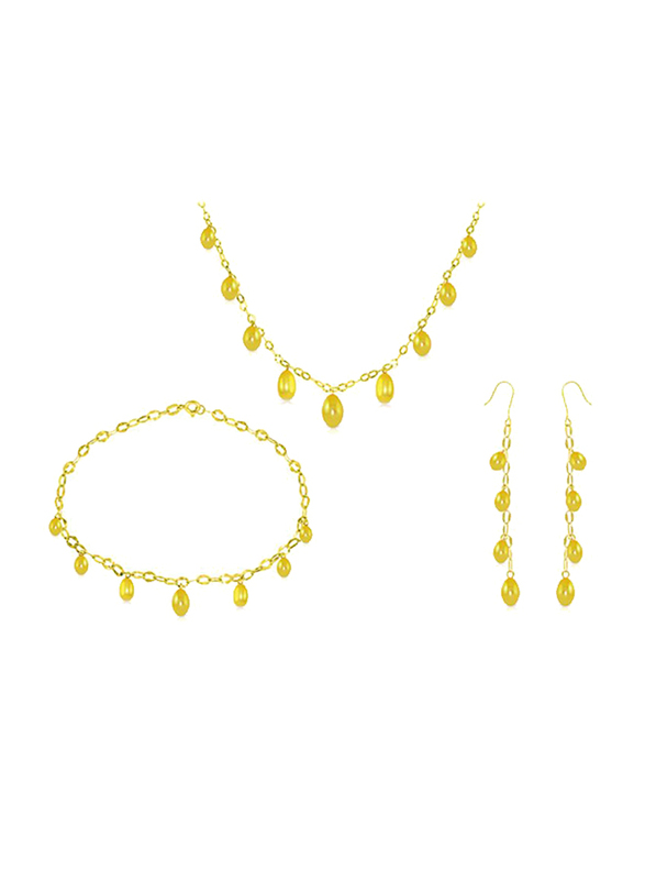 Vera Perla 3-Pieces 18K Gold Chain Drop Jewellery Set for Women with Necklace, Bracelet and Earrings, with Pearl Stone, Yellow/Gold