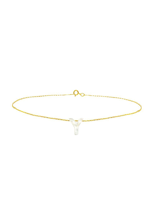 Vera Perla 18K Gold Y Letter Charm Bracelet for Women, with Mother of Pearl Stone, Gold/White